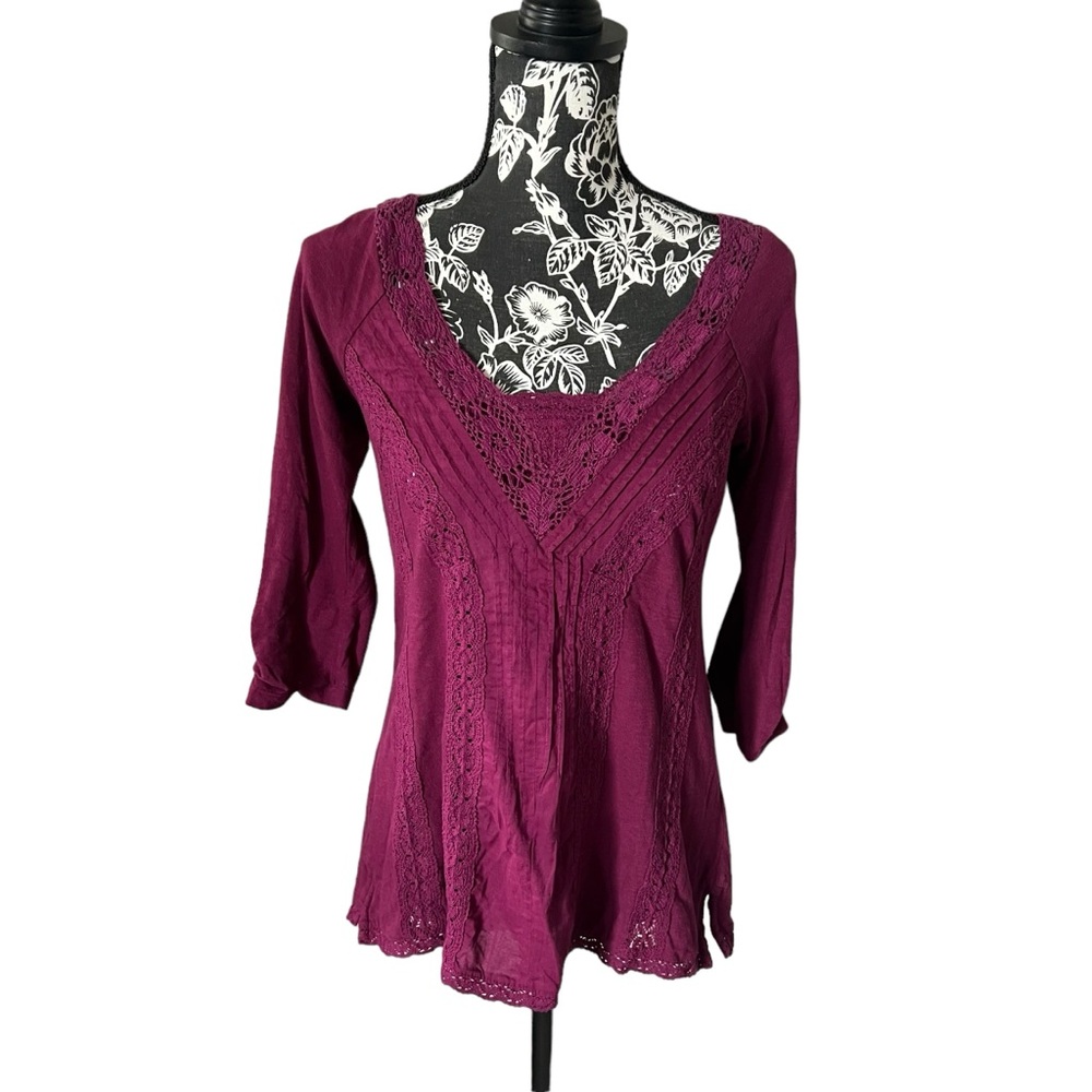 Anthropologie Deep Berry Lace-Trim V-Neck Blouse